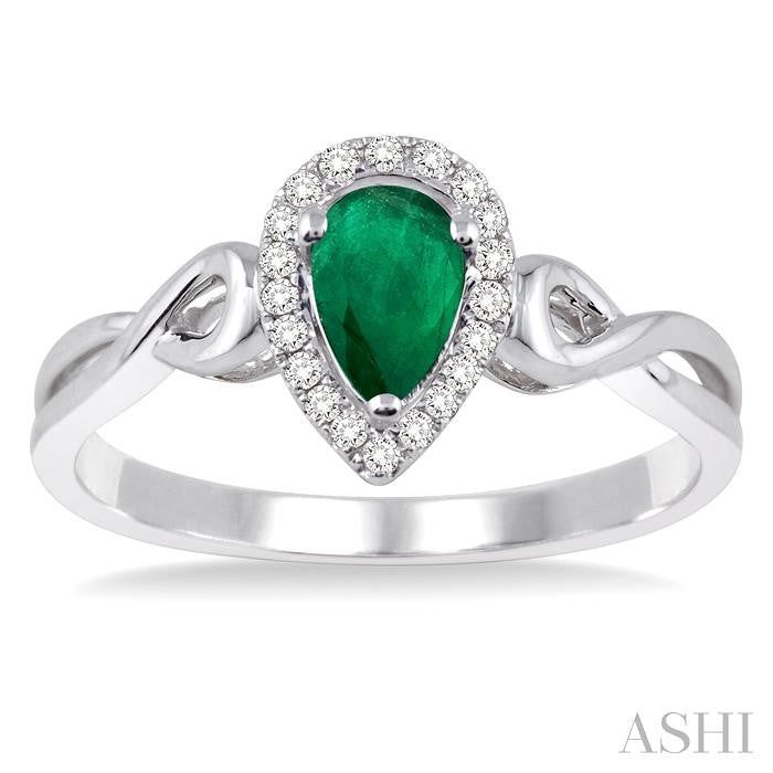 6x4 MM Pear Shape Emerald and 1/10 Ctw Round Cut Diamond Ring in 14K White Gold