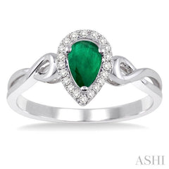 6x4 MM Pear Shape Emerald and 1/10 Ctw Round Cut Diamond Ring in 14K White Gold