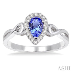 6x4 MM Pear Shape Tanzanite and 1/10 Ctw Round Cut Diamond Ring in 14K White Gold