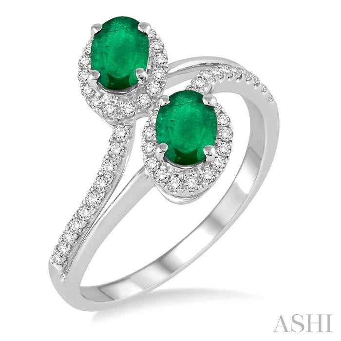6x4 MM Oval Cut Emerald and 1/4 ctw Round Cut Diamond Ring in 14K White Gold