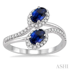 6x4 MM Oval Cut Sapphire and 1/4 Ctw Round Cut Diamond Ring in 14K White Gold