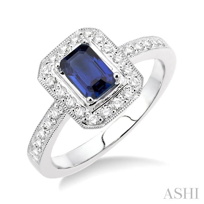 6x4 MM Octagon Cut Sapphire and 1/3 Ctw Round Cut Diamond Precious Ring in 18K White Gold