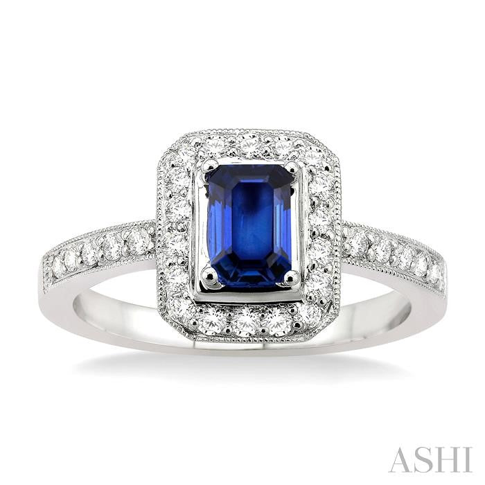 6x4 MM Octagon Cut Sapphire and 1/3 Ctw Round Cut Diamond Precious Ring in 18K White Gold