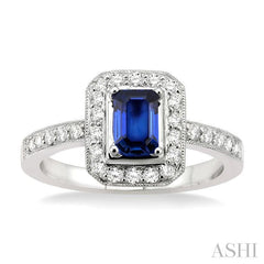 6x4 MM Octagon Cut Sapphire and 1/3 Ctw Round Cut Diamond Precious Ring in 18K White Gold