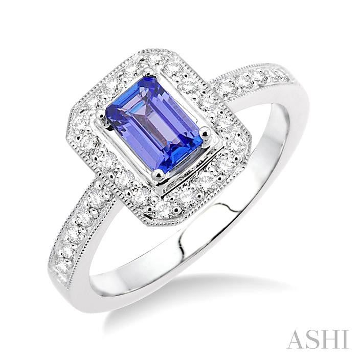 6x4 MM Octagon Cut Tanzanite and 1/3 Ctw Round Cut Diamond Precious Ring in 18K White Gold