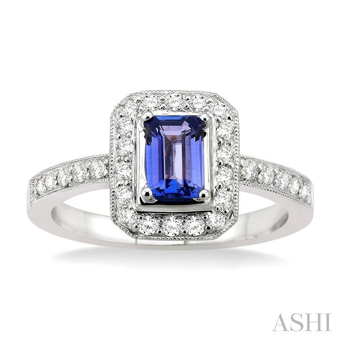 6x4 MM Octagon Cut Tanzanite and 1/3 Ctw Round Cut Diamond Precious Ring in 18K White Gold