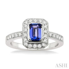 6x4 MM Octagon Cut Tanzanite and 1/3 Ctw Round Cut Diamond Precious Ring in 18K White Gold