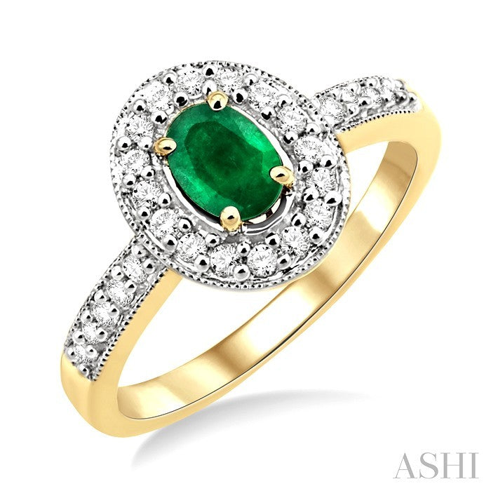 6x4 MM Oval Cut Emerald and 1/4 Ctw Round Cut Diamond Ring in 14K Yellow Gold