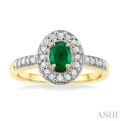 6x4 MM Oval Cut Emerald and 1/4 Ctw Round Cut Diamond Ring in 14K Yellow Gold