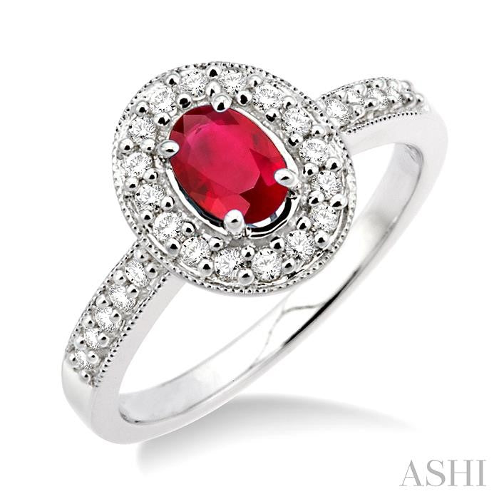 6x4 MM Oval Cut Ruby and 1/4 Ctw Round Cut Diamond Ring in 14K White Gold
