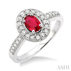 6x4 MM Oval Cut Ruby and 1/4 Ctw Round Cut Diamond Ring in 14K White Gold