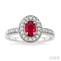 6x4 MM Oval Cut Ruby and 1/4 Ctw Round Cut Diamond Ring in 14K White Gold