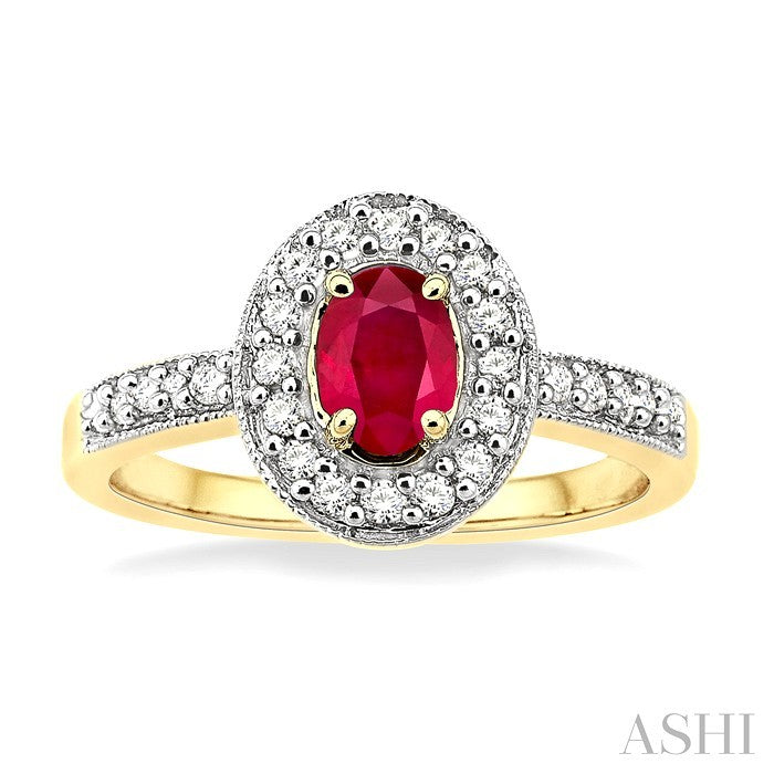6x4 MM Oval Cut Ruby and 1/4 Ctw Round Cut Diamond Ring in 14K Yellow Gold
