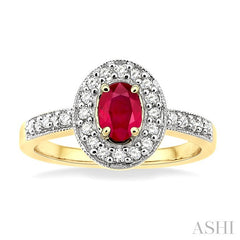 6x4 MM Oval Cut Ruby and 1/4 Ctw Round Cut Diamond Ring in 14K Yellow Gold