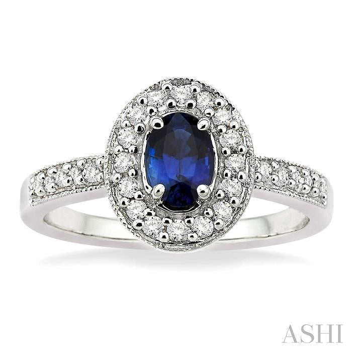 6x4 MM Oval Cut Sapphire and 1/4 Ctw Round Cut Diamond Ring in 14K White Gold