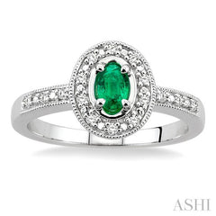 5x3 MM Oval Shape Emerald and 1/10 Ctw Round Cut Diamond Ring in 14K White Gold.
