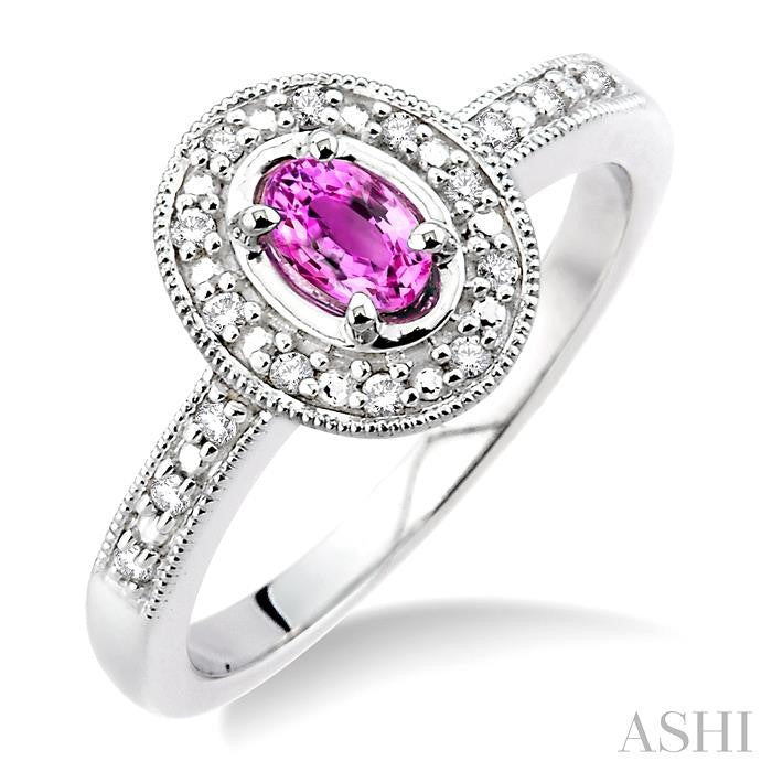 5x3 MM oval cut Pink Sapphire and 1/10 Ctw Round Cut Diamond Ring in 14K White Gold.