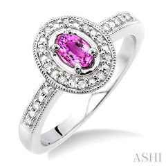5x3 MM oval cut Pink Sapphire and 1/10 Ctw Round Cut Diamond Ring in 14K White Gold.