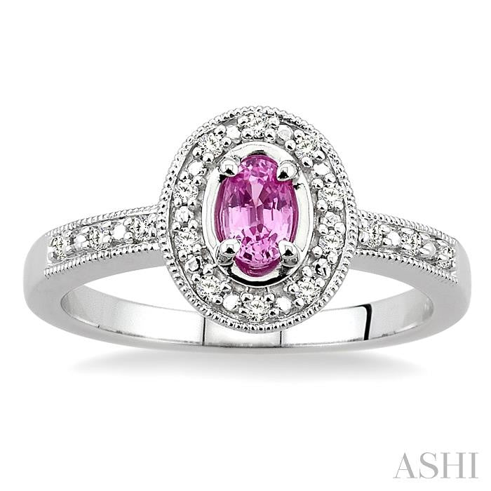 5x3 MM oval cut Pink Sapphire and 1/10 Ctw Round Cut Diamond Ring in 14K White Gold.