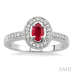 5x3 MM oval cut Ruby and 1/10 Ctw Round Cut Diamond Ring in 14K White Gold.