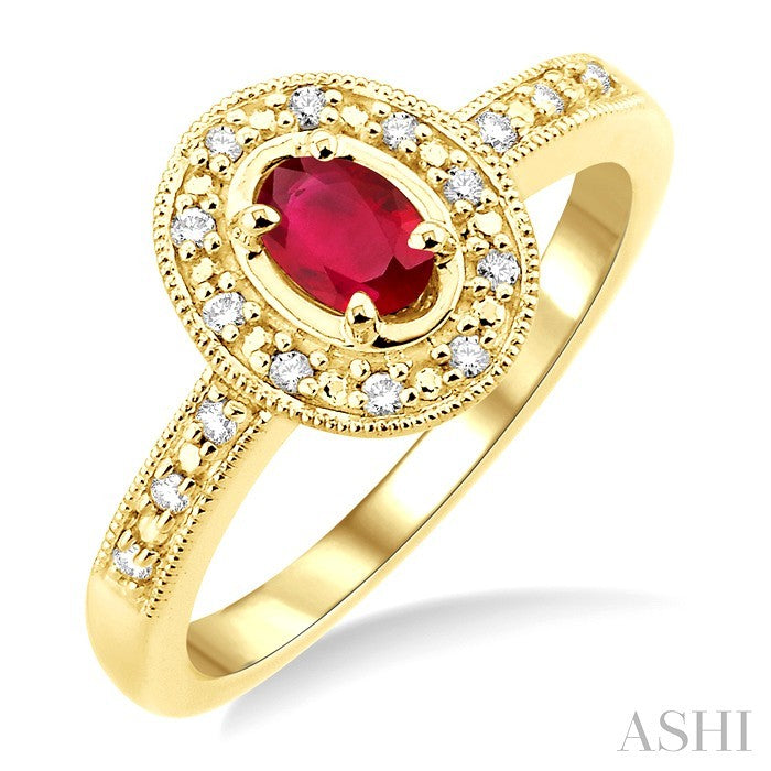 5x3 MM oval cut Ruby and 1/10 Ctw Round Cut Diamond Ring in 14K Yellow Gold.