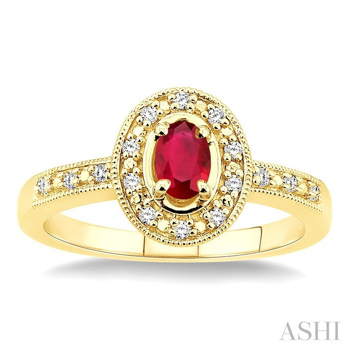 5x3 MM oval cut Ruby and 1/10 Ctw Round Cut Diamond Ring in 14K Yellow Gold.