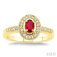 5x3 MM oval cut Ruby and 1/10 Ctw Round Cut Diamond Ring in 14K Yellow Gold.