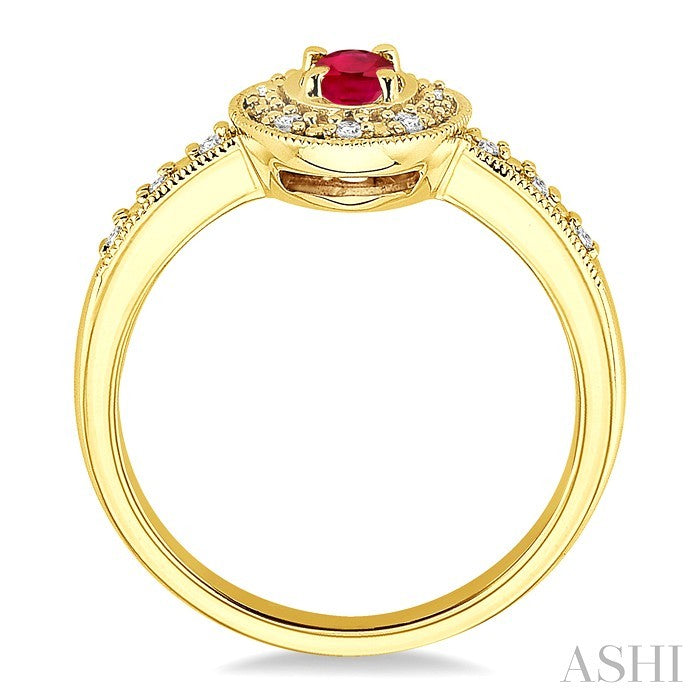 5x3 MM oval cut Ruby and 1/10 Ctw Round Cut Diamond Ring in 14K Yellow Gold.
