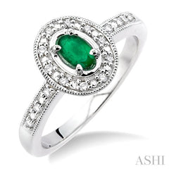 5x3 MM Oval Shape Emerald and 1/10 Ctw Round Cut Diamond Ring in 10K White Gold