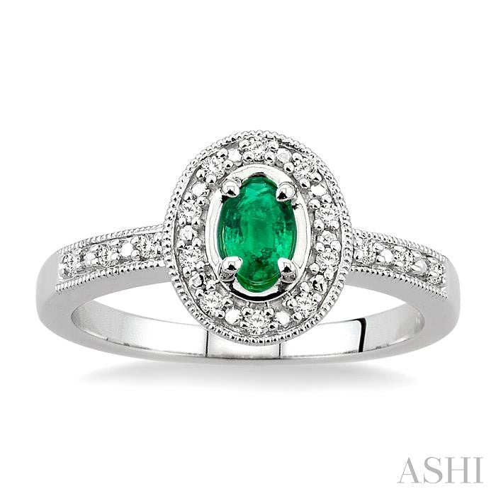 5x3 MM Oval Shape Emerald and 1/10 Ctw Round Cut Diamond Ring in 10K White Gold