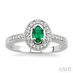 5x3 MM Oval Shape Emerald and 1/10 Ctw Round Cut Diamond Ring in 10K White Gold