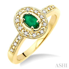 5x3 MM Oval Shape Emerald and 1/10 Ctw Round Cut Diamond Ring in 10K Yellow Gold
