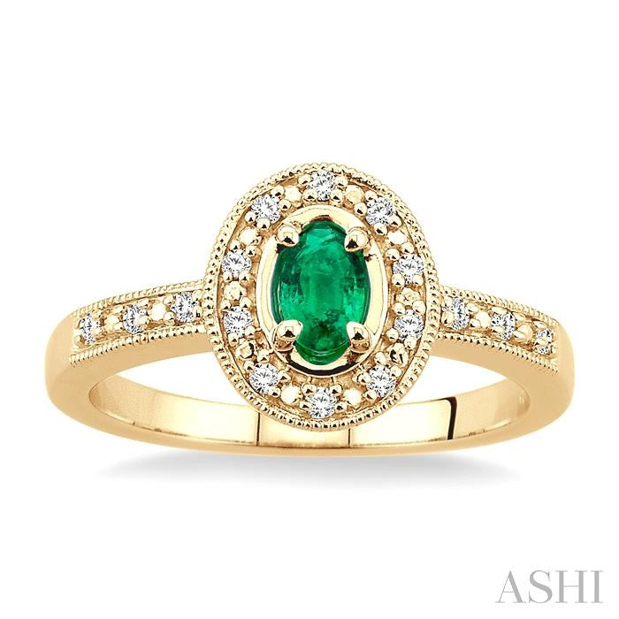 5x3 MM Oval Shape Emerald and 1/10 Ctw Round Cut Diamond Ring in 10K Yellow Gold