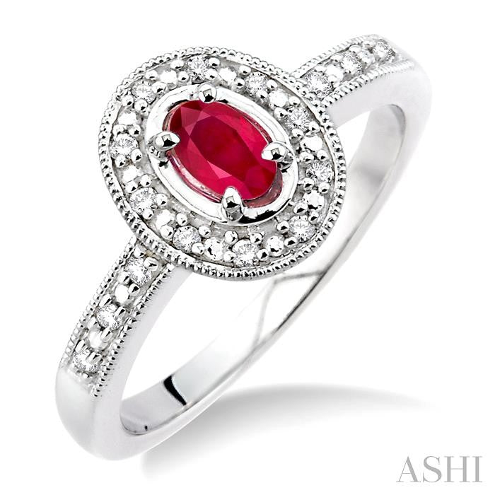 5x3 MM Oval Cut Ruby and 1/10 Ctw Round Cut Diamond Ring in 10K White Gold.