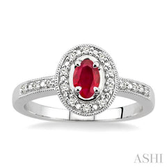 5x3 MM Oval Cut Ruby and 1/10 Ctw Round Cut Diamond Ring in 10K White Gold.