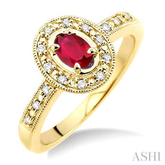 5x3 MM oval cut Ruby and 1/10 Ctw Round Cut Diamond Ring in 10K Yellow Gold.