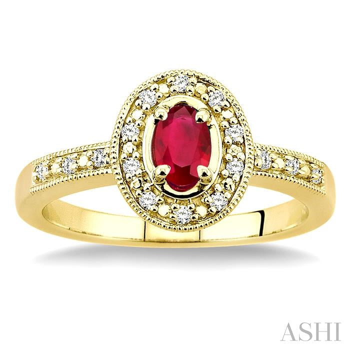 5x3 MM oval cut Ruby and 1/10 Ctw Round Cut Diamond Ring in 10K Yellow Gold.