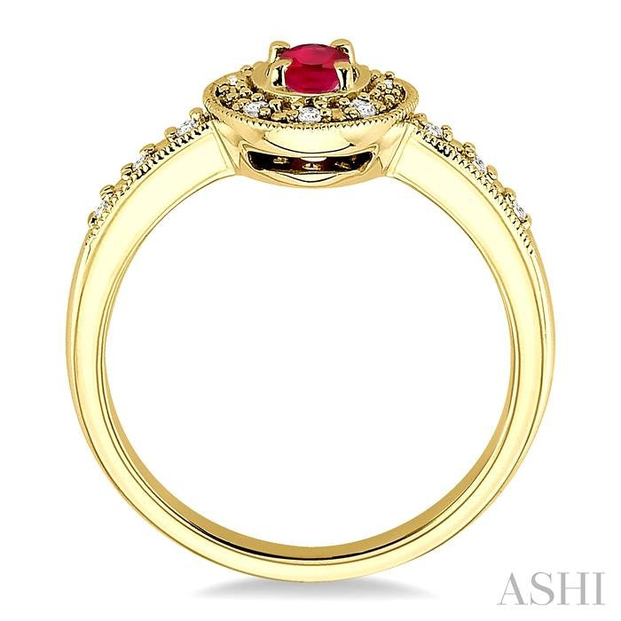 5x3 MM oval cut Ruby and 1/10 Ctw Round Cut Diamond Ring in 10K Yellow Gold.
