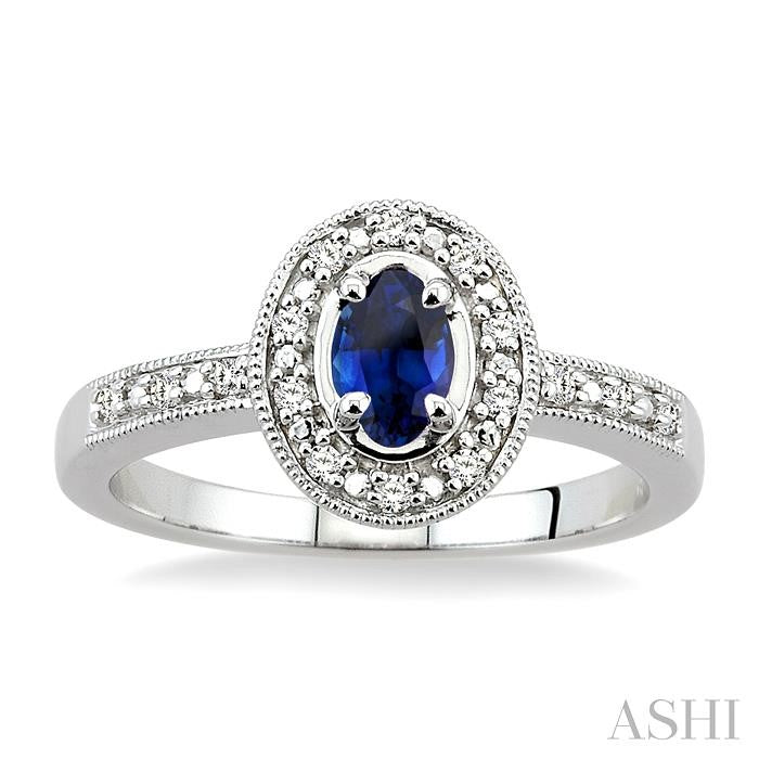 5x3 MM Oval Cut Sapphire and 1/10 Ctw Round Cut Diamond Ring in 10K White Gold.