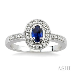5x3 MM Oval Cut Sapphire and 1/10 Ctw Round Cut Diamond Ring in 10K White Gold.