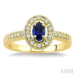 5x3 MM oval cut Sapphire and 1/10 Ctw Round Cut Diamond Ring in 10K Yellow Gold.