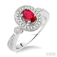 6x4 MM Oval Cut Ruby and 1/5 Ctw Round Cut Diamond Ring in 14K White Gold