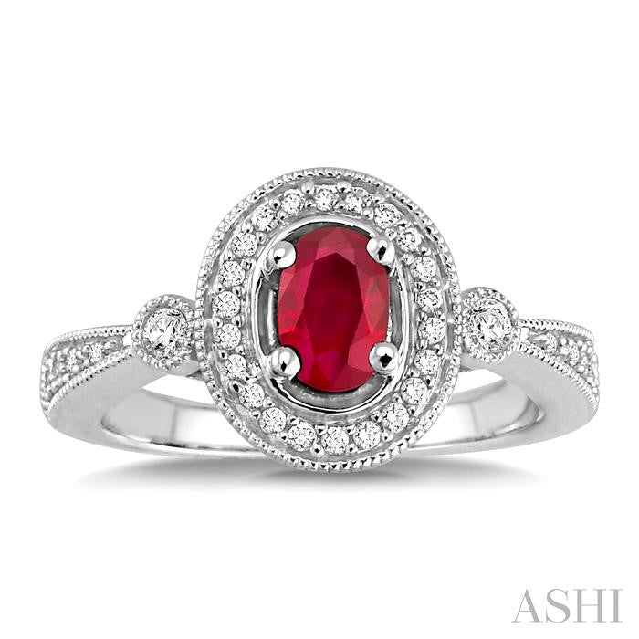 6x4 MM Oval Cut Ruby and 1/5 Ctw Round Cut Diamond Ring in 14K White Gold