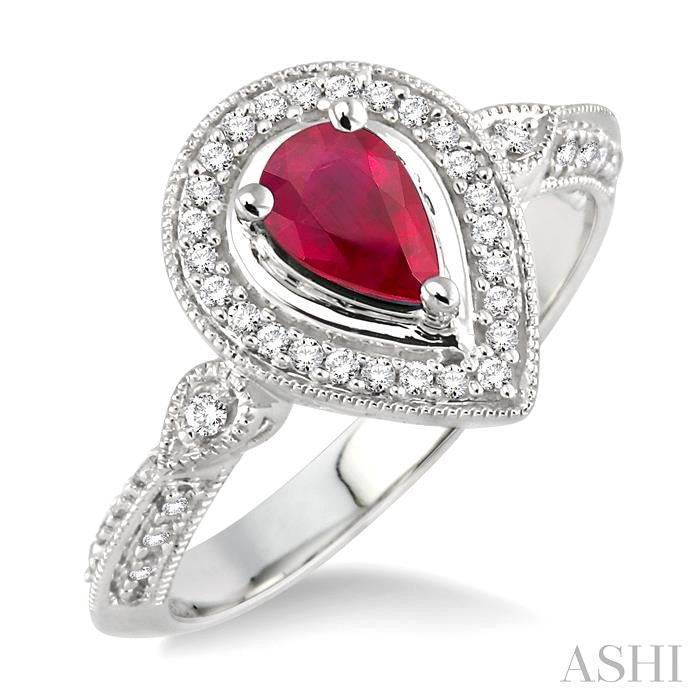 6x4 MM Pear Shape Ruby and 1/6 Ctw Round Cut Diamond Ring in 14K White Gold