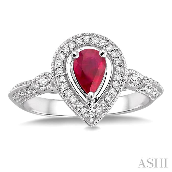 6x4 MM Pear Shape Ruby and 1/6 Ctw Round Cut Diamond Ring in 14K White Gold
