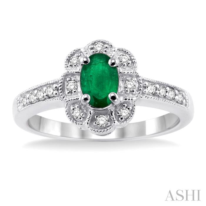 6x4 MM Oval Cut Emerald and 1/6 Ctw Round Cut Diamond Ring in 14K White Gold