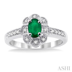 6x4 MM Oval Cut Emerald and 1/6 Ctw Round Cut Diamond Ring in 14K White Gold