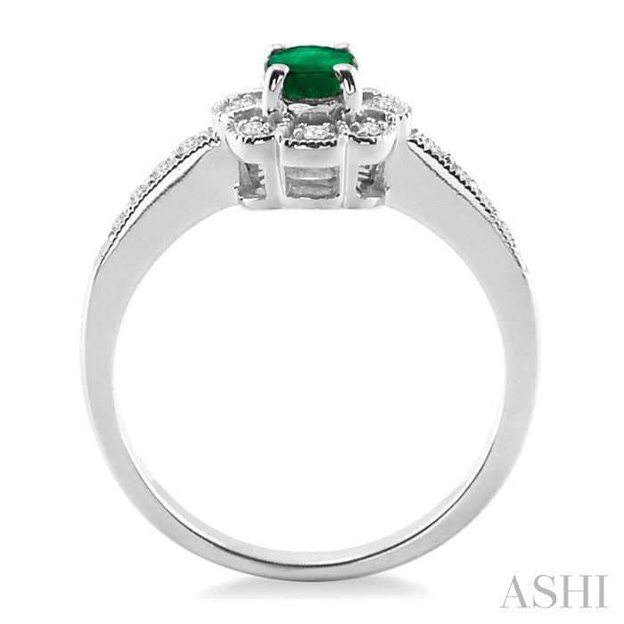 6x4 MM Oval Cut Emerald and 1/6 Ctw Round Cut Diamond Ring in 14K White Gold