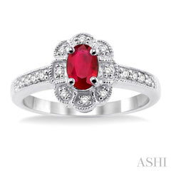 6x4 MM Oval Cut Ruby and 1/6 Ctw Round Cut Diamond Ring in 14K White Gold
