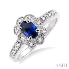 6x4 MM Oval Cut Sapphire and 1/6 Ctw Round Cut Diamond Ring in 14K White Gold